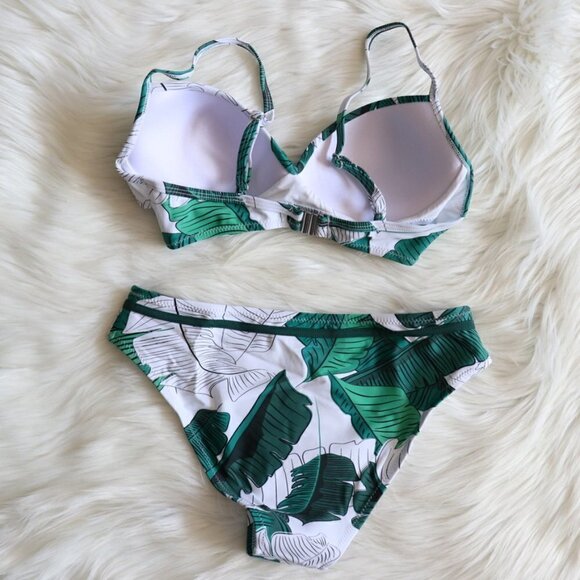 NEW White & Green Leafy Tropical Print Bikini Swim Set Size Small - Picture 6 of 9